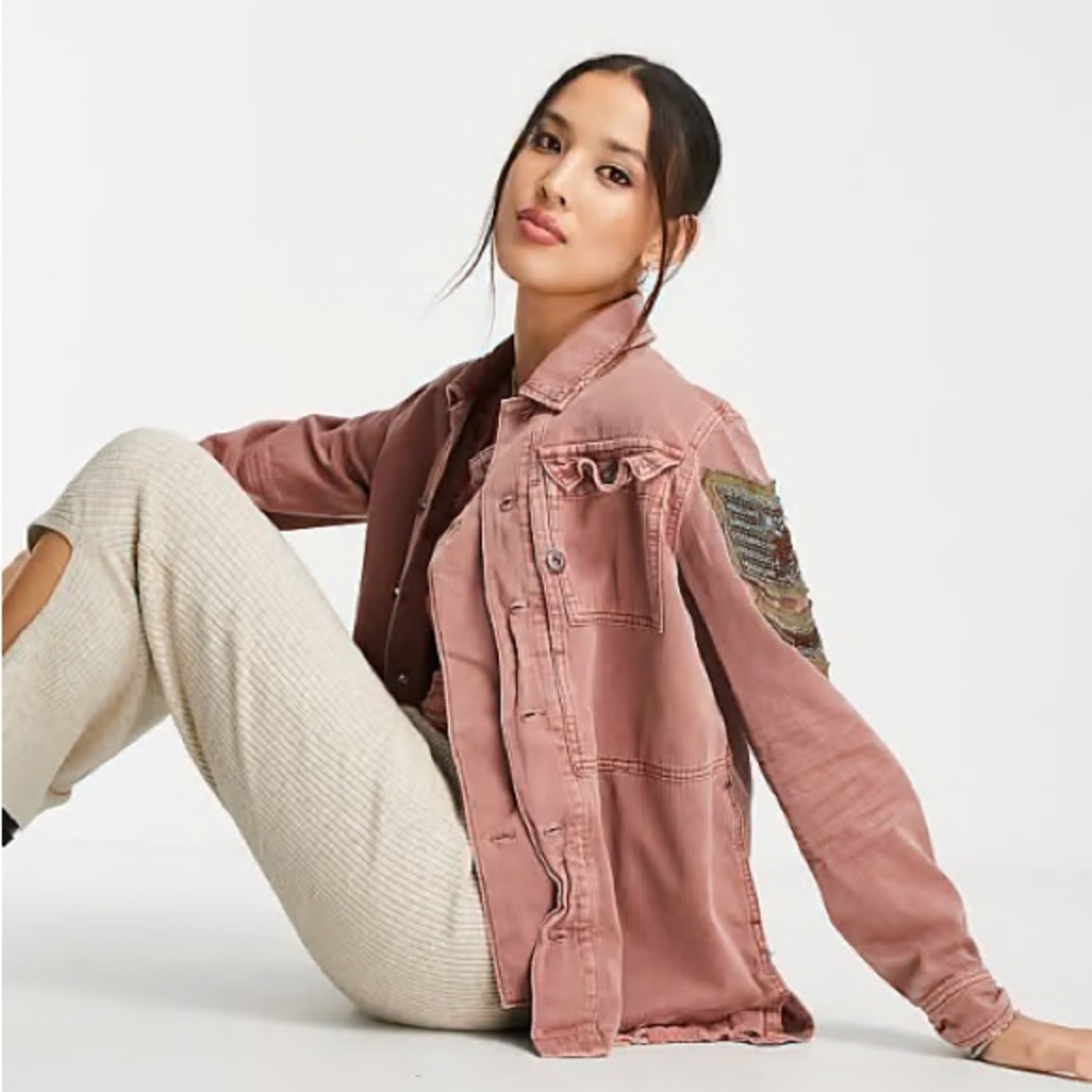 Free People Pink Embroidered Military Jacket Soft Denim Oversized